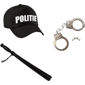 Zwarte politie agent verkleed pet met gummiknuppel en handboeien - verkleedkleding / carnaval outfit