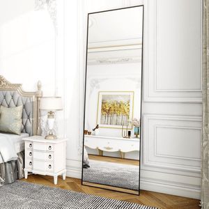 144 × 45 cm staande spiegel, grote full-body spiegel met aluminium frame voor slaap-, woon- en badkamerspiegel, zwart