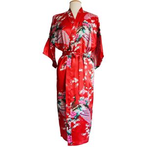 KIMU® Kimono Rood 7/8e - Maat M-L - Yukata Satijn Boven de Enkel - Lange Rode Ochtendjas Japanse Kamerjas Sexy Satijnen Badjas Geisha Vogelprint Jas Festival