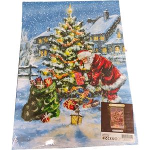 Kerst canvas kerstman met led lampjes - 28 x 38 cm - Met 3 led lampjes - Werkt op batterijen