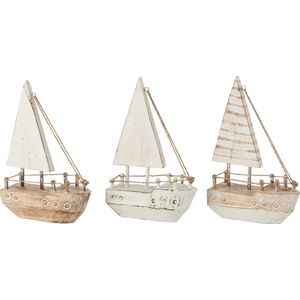 J-Line decoratie Boot Albasia - hout - wit/naturel - 3 stuks