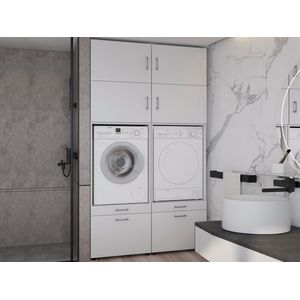 Mobistoxx Set van 2 WASMACHINEKASTEN Washing - Kast voor wasmachine of droogkast met lade voor wasmand - met extra kastruimte boven - wit - universeel