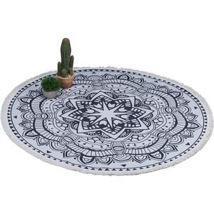 Relaxdays vloerkleed rond - mandala print - vloertapijt met franjes - 120 cm - crème/zwart