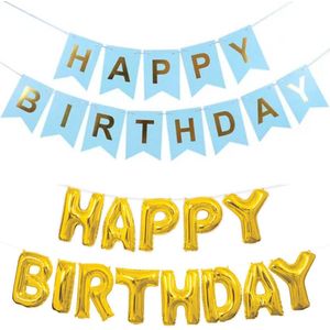 2-delige slinger set Happy Birthday licht blauw met goud - happy birthday - verjaardag - slinger - folie ballonnen - blauw - goud