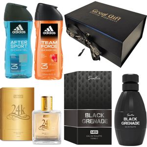 GreatGift® - Luxe Geur Geschenkset voor Hem - Special Edition 2025 - 24k Gold parfum - Black Grenade Parfum - 2x Adidas Showergel - Vaderdag - Voor Mannen - Cadeau voor hem - Cadeau - In Luxe Giftbox