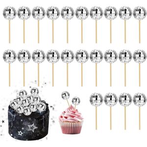 24pcs Disco Ball Cupcake Toppers - Disco Theme Cake Decorations for 70s Party