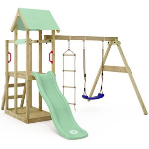 WICKEY speeltoestel klimtoestel TinyPlace met schommel en pastelgroene glijbaan, outdoor speeltoestel voor kinderen met zandbak, ladder & speelaccessoires voor de tuin