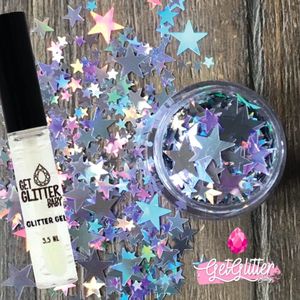 GetGlitterBaby® - Chunky Festival Glitters Sterretjes voor Lichaam en Gezicht Jewels Gel Glitterlijm Huid lijm / Face Body Glitter - Zilver + Glittergel Huidlijm