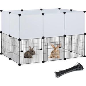 konijnenren, binnen, HBD 72,5 x 110 x 74 cm, voor knaagdieren, metaal & kunststof, zwart/wit