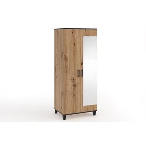 Kledingkast met spiegel - P11 - Planken - Kledingroede - Traditioneel eikenhout + zwarte accessoires - 80 cm
