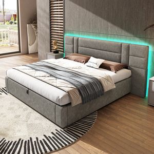 Sweiko LED Zacht Kussen bed 180 x 200 cm, Hydraulisch bed, met LED Verlichting, Bergruimte, Geschikt voor volwassenen en tieners, houten steun, gemakkelijk te monteren, PU, Rookgrijs (Geen matras)