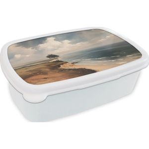 Broodtrommel Wit - Lunchbox Klif - Zee - Boom - Brooddoos 18x12x6 cm - Brood lunch box - Broodtrommels voor kinderen en volwassenen