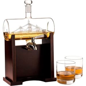 AMAVEL Design-whiskyvat met twee glazen en houten standaard, glazen vat met roestvrijstalen kraan, mooi cadeau voor whiskyliefhebbers