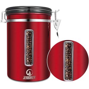 Koffiebus - Grote 1,8 l/650 g, roestvrijstalen koffieopslagcontainer transparant venster bewaar verse koffiebonen, datumtracker, CO2-afgifteklep en maatschep (rood)
