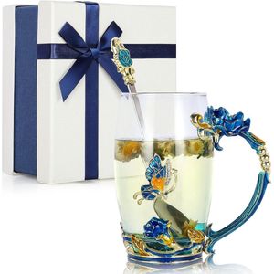 Emaille Ambachtelijke Vlinder Bloem Glazen Koffiekopjes Theekop Dames Geschenkdoos Set met mooie stalen lepel, moeder, vriendin, verjaardag, Moederdag, vrouw Gepersonaliseerde geschenken - Hemelsblauw