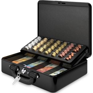 ACROPAQ Geldkistje - Premium, Geldkist met sleutel, 30 x 25 x 9 cm - Geldkluis met muntsorteerder, Geldlade - Zwart
