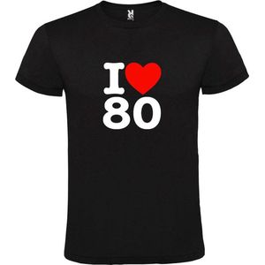 Zwart T shirt met  I love (hartje) the 80's (eighties)  print Wit en Rood size S