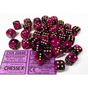 Chessex Gemini Zwart-Paars/Goud D6 12mm Dobbelsteenset (36 stuks)