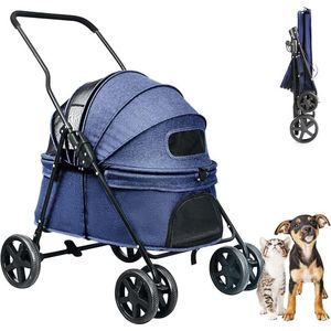 Opvouwbare hondenbuggy - transportwagen tot 15 kg - met netramen en regenhoes - jogger buggy voor honden en katten - blauw Hondenbuggy