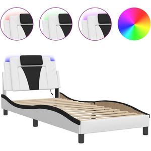 vidaXL - Bedframe - met - LED-verlichting - kunstleer - wit - en - zwart - 90x200 - cm