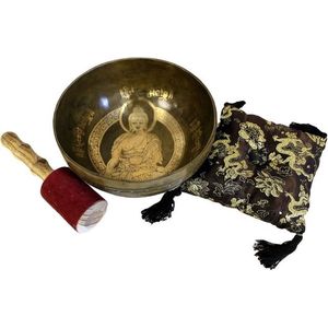Tibetaanse Koperen Klankschaal Set - Gouden Boeddha - 19cm - Singing Bowl - Klank Schaal - Meditatie Schaal met Aanstrijkhout & Kussen