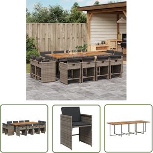 The Living Store 13-delige Tuinset met kussens poly rattan grijs - Tuinmeubels - Buitenkamer - Eetgroep - Lounge Set - Patio Furniture