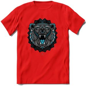 Beer - Dieren Mandala T-Shirt | Lichtblauw | Grappig Verjaardag Zentangle Dierenkop Cadeau Shirt | Dames - Heren - Unisex | Wildlife Tshirt Kleding Kado | - Rood - S