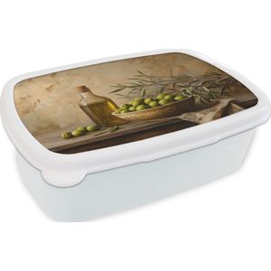 Broodtrommel Wit - Lunchbox Olijven - Stilleven - Vintage - Brooddoos 18x12x6 cm - Brood lunch box - Broodtrommels voor kinderen en volwassenen