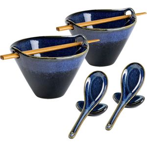Keramische ramen soepkom set - blauwe kom met eetstokjes en lepel - Japans servies voor Aziatische maaltijden - 780 ml x 2