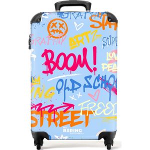 NoBoringSuitcases.com® - Handbagage koffer lichtgewicht - Reiskoffer trolley - Kleurrijke graffiti print met tekst en spetters - Rolkoffer met wieltjes - Past binnen 55x40x20 en 55x35x25