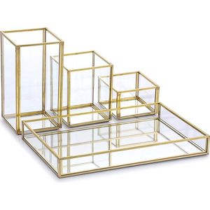 Gouden sieradendoos set van 4 metalen glazen sieradenborden met 3 sieradenhouders. Sieradenhouder bureau-organizer make-upkwasthouder voor sieraden van vrouwen. Ring sieradenopslag.