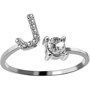 Ring Met Letter - Ring Met Steen - Letter Ring - Ring Letter - Initial Ring - Zilver Letter J - Cadeautje voor haar