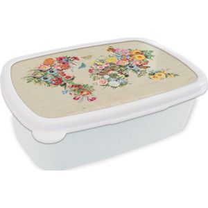 Broodtrommel Wit - Lunchbox - Brooddoos - Wereldkaart - Bloemen - Craft papier - 18x12x6 cm - Volwassenen