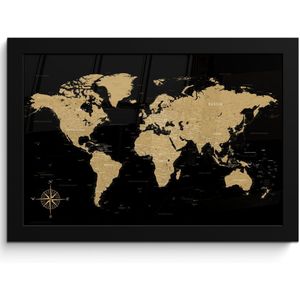 Poster in lijst - Fotolijst 30x20 cm - Posters - Wereldkaart - Beige - Zwart - Posterlijst zwart - Decoratie - Wanddecoratie woonkamer - Muurdecoratie slaapkamer