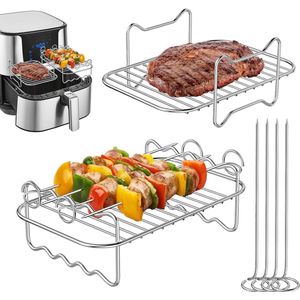 Set van 2 Airfryer Racks Compatibel met Ninja Dual AF300UK AF400UK - Gelaagd Droogrek en Spiesrek met 4 Spiesen, 304 Roestvrij Staal Accessoires voor Grill en Oven