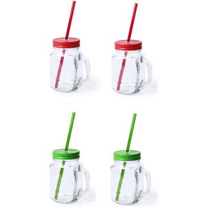 4x stuks Glazen Mason Jar drinkbekers met dop en rietje 500 ml - 2x groen/2x rood - afsluitbaar/niet lekken/fruit shakes