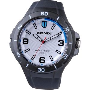Xonix CAC-A06 - Horloge - Analoog - Heren - Mannen - Rond - Siliconen band - ABS - Cijfers - Waterdicht - Zwart - Wit - LichtBlauw - 10 ATM