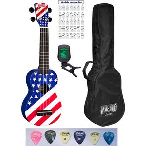 Mahalo sopraan ukulele starter pakket Amerikaanse vlag + stemapparaat + draagtas + 6 plectrums + akkoordenkaart