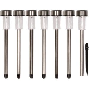 Pro Garden Tuinverlichting prikspotjes - 14x - set 7 stuks - solar - 36 cm - RVS - Prikspots tuinverlichting