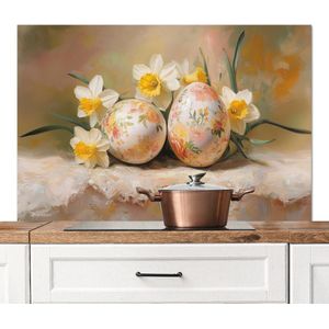 Spatscherm keuken 120x80 cm - Kookplaat achterwand Bloemen - Eieren - Geschilderd - Muurbeschermer - Spatwand fornuis - Hoogwaardig aluminium