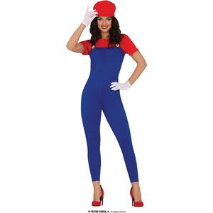 Guirca - Super Mario Bros Kostuum - Gamer Outfit Maria Vrouw - Blauw, Rood - Maat 38-40 - Carnavalskleding - Verkleedkleding