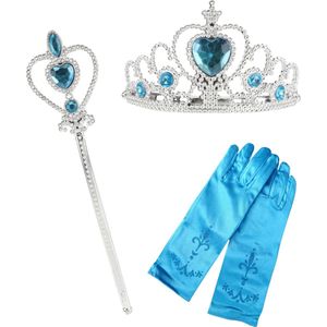 Prinses accessoire set - 3-delig - Prinsessen Kroon - Tiara - Prinses Handschoenen - Prinsessenstaf - BLAUW
