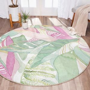 Abstract Gebied Rond Tapijt|Groen Roze Bladeren Vreemde Vormen Kleurrijke Tapijt|Antislip Tapijt|Groen Roze Tapijt Decor|Woonkamer Tapijt Modern Tapijt|Luxe Tapijt