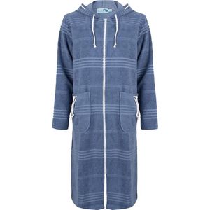 ZusenZomer stoere Dames badjas met rits en capuchon - sauna badjas ochtendjas kamerjas saunajas - badstof - Blauw - S/M (maat 36/38) -