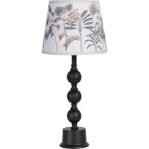 HAES DECO - Tafellamp - City Jungle - Vogels met Apen bedrukte Lamp, formaat Ø 24x37 cm - Zwart met Bruin / Grijs - Bureaulamp, Sfeerlamp, Nachtlampje