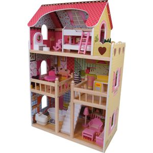 Bandits & Angels houten poppenhuis House of Angels - 3 jaar - 90 cm hoog - inclusief 16 meubeltjes - roze