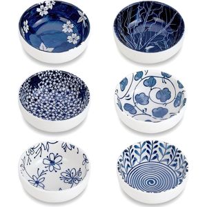 Keramische dip bowls, 7,6 cm knijpkom set, zijsaus cups, servies voor sushi, snack en soja, BBQ, 70 ml, blauwe en witte mini bowls voor de keuken, 6 stuks