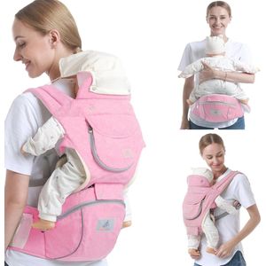 Ergonomische Babydrager met Opbergtas en Flessenhaak - Katoenen Zachte Draagzak voor Pasgeborenen van 3-36 Maanden, Roze