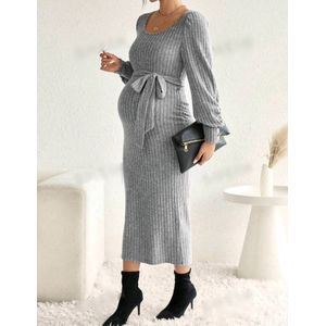 Sexy elegante fijn zittende lange stretch geribbelde grijze wikkeljurk zwangerschapsjurk zwangerschap jurk maat M