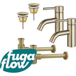 FugaFlow Eccelente Sobrado Badkamer Wastafelkraanset - voor dubbele wastafel - lage wastafelkraan - always open plug - verlaagde design sifon - PVD Geborsteld Messing